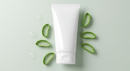 A blank, white cosmetic tube mockup surrounded by vibrant green aloe vera leaves on a beige background