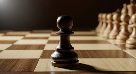 A black pawn stands out on a chessboard in front of white pawns