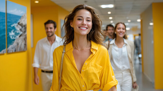 Smiling woman in yellow shirt walking confidently in bright office hallway with colleagues behind, capturing joy of daily life and teamwork