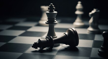 Chess game with fallen king on the board in dark, conceptual strategy game