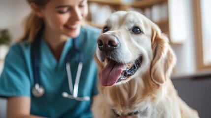 A veterinarian explaining pet health tips to a pet  on blurred background