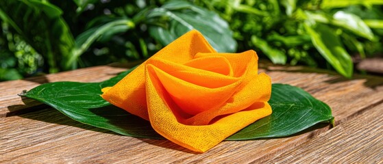 A bright orange napkin carefully folded into a rose shape sits on a green leaf atop a rustic wooden surface in a natural outdoor setting.