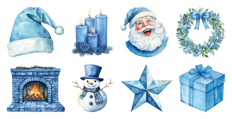 Fototapeta premium PNG Festive blue winter holiday icons, element set on transparent background