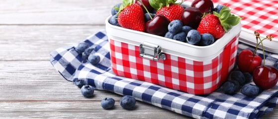 Fresh strawberries, sweet cherries, and blueberries are ready for a delightful picnic on a checkered cloth on wood planks.