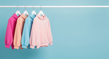 Row of colorful hoodies hanging on a rack