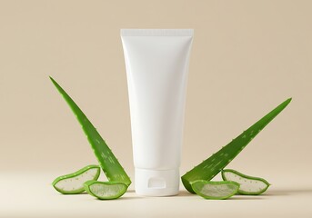 A blank, white cosmetic tube mockup surrounded by vibrant green aloe vera leaves on a beige background
