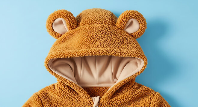 Closeup of a brown fuzzy teddy bear hooded onesie - Powered by Adobe
