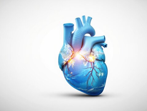 Blue human heart with world map overlay and glowing energy, medical concept on isolated background