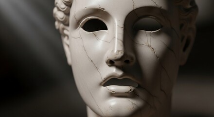 Ancient Greek Sculpture Bust With Cracks And Dark Background.