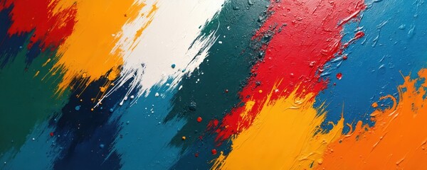 Abstract multicolor oil painting with vibrant color splashes, textured brushstrokes. Modern canvas artwork lively mix of intense hues like red, yellow, blue, green, white. Dynamic paint splatters,