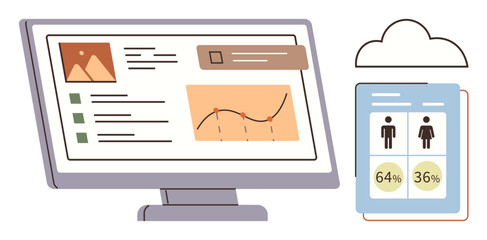 Monitor displaying graphs, statistics, and documents alongside cloud storage icon and data card. Ideal for data analysis, technology, cloud storage, productivity, business growth, digital tools