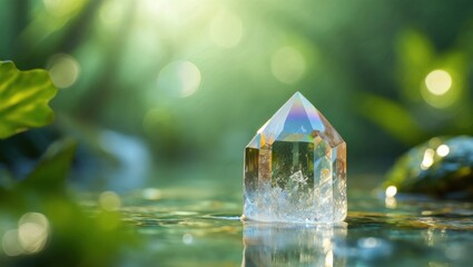 Clear Quartz Crystal Prism in Water with Green Bokeh and Rainbow Light