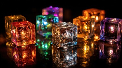 Glowing colorful ice cubes are scattered on a black reflective surface creating an intriguing display of vibrant light and shadows beautifully.