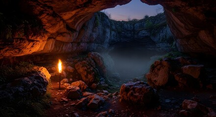 Mysterious cave entrance with torch illuminating rocky surroundings at dusk, evoking adventure