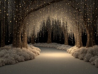 A magical pathway illuminated by sparkling fairy lights winds through an enchanted forest covered with a soft blanket of shimme snow dust.