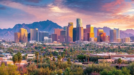 Naklejka premium Stunning sunset view of Phoenix skyline with vibrant colors illuminating skyscrapers and mountain backdrop in vivid Arizona landscape