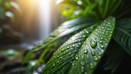 Close up of fresh green leaf with water drops and blurred waterfall background