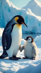 Fototapeta premium An emperor penguin stands beside its chick on snowy Antarctic terrain, highlighting wildlife.