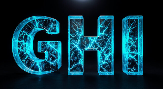 Three illuminated letters, G, H, and I, are rendered in a translucent cyan material with internal lightning crackles and a dark, reflective background.
