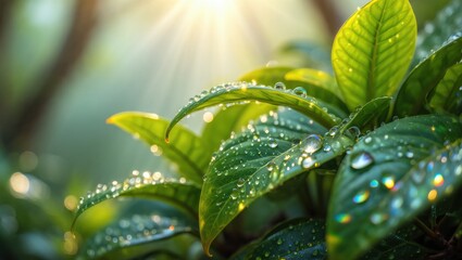Fresh Green Leaves with Glistening Water Droplets and Sunlight