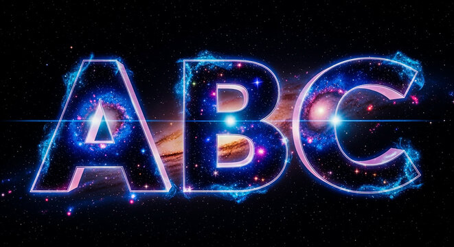 Three large, illuminated letters 'ABC' float in a dark, cosmic background filled with stars, nebulae, and glowing particles.