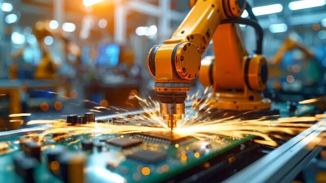 Robotic Arm Precision Soldering on Circuit Board in Factory