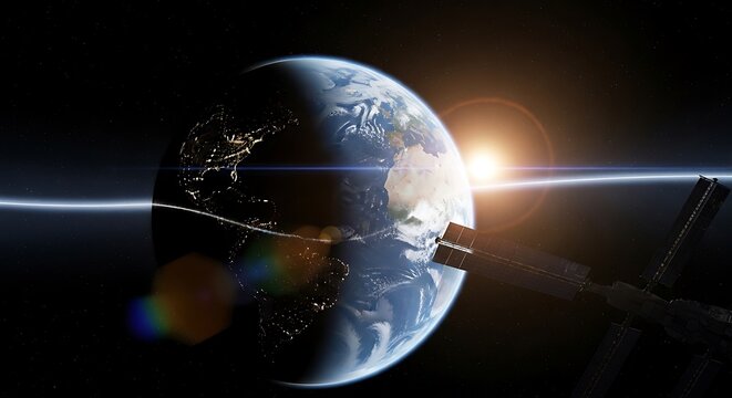 A celestial view of Earth, illuminated by sunrise, with a space station in the background. - Powered by Adobe