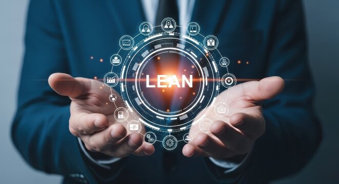 Businessman presenting lean management concept with digital interface and icons