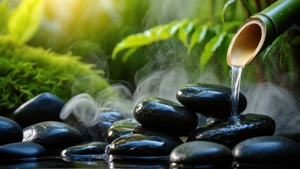 Zen bamboo water feature with flowing water and black stones, misty nature background