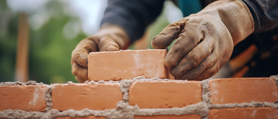 Bricklayer at work: Close-up of gloved hands placing a brick on a wall with mortar. Focus on construction and building trades. Outdoor setting.