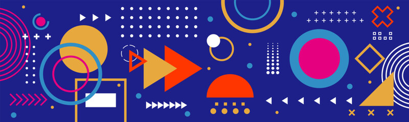 Colorful abstract geometric background with circles, arrows and modern shapes on dark blue design