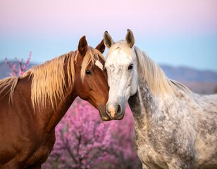 Fototapeta premium Two horses close together, gentle sunset, pink blossoms