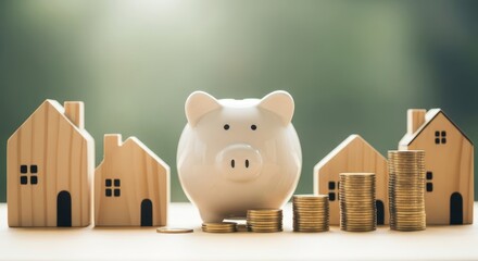 Piggy bank with wooden houses and coins for saving money for property investment