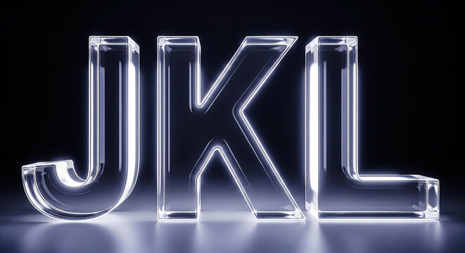 Three three-dimensional letters J K and L made of clear glass are illuminated from within casting a soft glow on a dark, reflective surface.