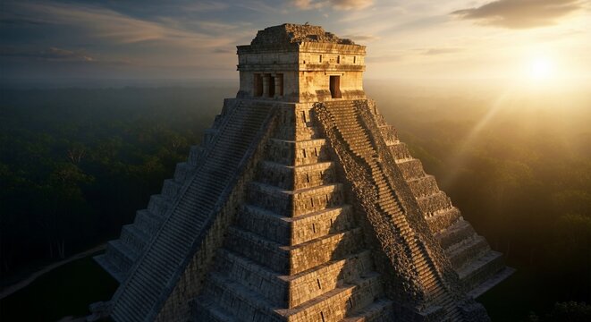 Ancient Mayan Pyramid of Chichen Itza at Sunset.