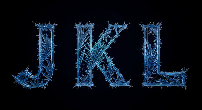 Three large, illuminated letters J, K, and L are formed from intricate ice crystals and frost, set against a deep, dark background.