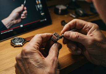 Close-up of skilled hands repairing a leather watch strap with precision tools, learning from an online tutorial on a tablet.