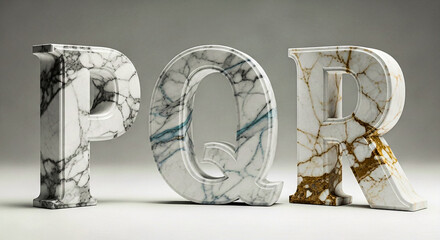 Three distinct marble letters, P O R, stand upright on a plain surface, showcasing unique veining and a sophisticated aesthetic.
