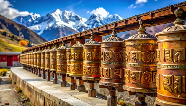 Vibrant prayer Himalayan mountain monastery Nepalese courtyard distance peaks visible wheels spinning