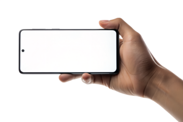 Hand holding a smartphone isolated on a transparent background