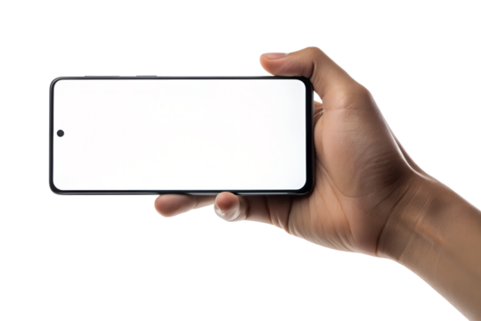 Hand holding a smartphone isolated on a transparent background