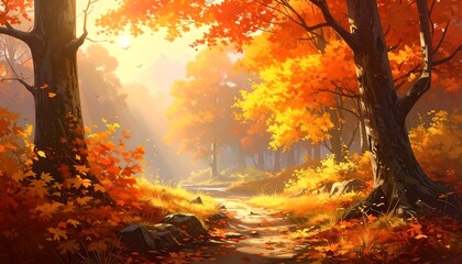 A sunlit autumnal path winds through a vibrant forest bathed in warm, golden hues.