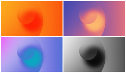 Modern abstract set of four gradient backgrounds with smooth shapes and soft textures. Minimalist colorful design collection with orange, purple, blue, and monochrome variations for creative projects.