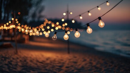 palette. Sunset beach with glowing spherical lights, creating a dreamy atmosphere through abstract bokeh effects. inspiring travel planning.