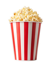 Red and white striped bucket filled with popcorn isolated on a transparent background