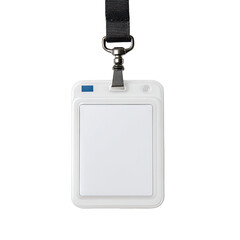 Blank white ID badge on black lanyard
