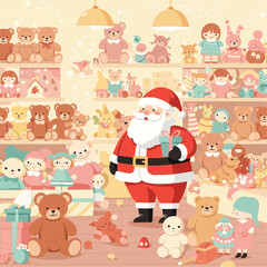 Obraz premium Santa Claus in a toy store surrounded by teddy bears and dolls