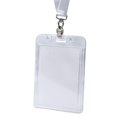 Blank white plastic ID badge with white lanyard