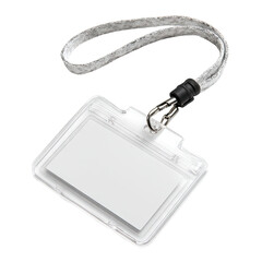 Clear plastic ID badge with gray lanyard