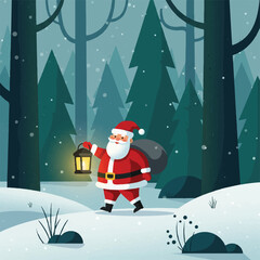 Obraz premium Santa Claus walks through a snowy forest with a lantern and sack